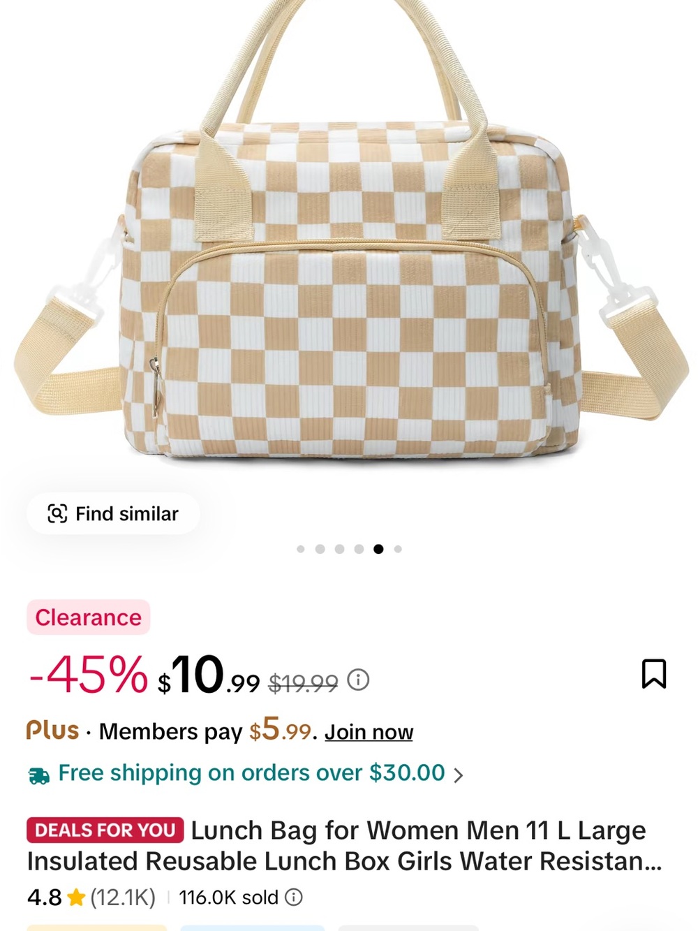Insulated Beige and White Checkered Lunch Tote for Women